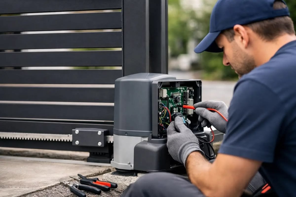 Steel Pulse technician installing a gate automation motor